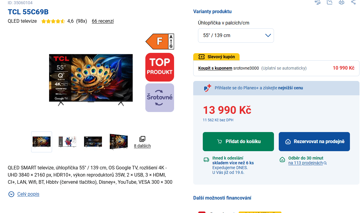 QLED Smart TV TCL, 55" / 139 cm, 4K